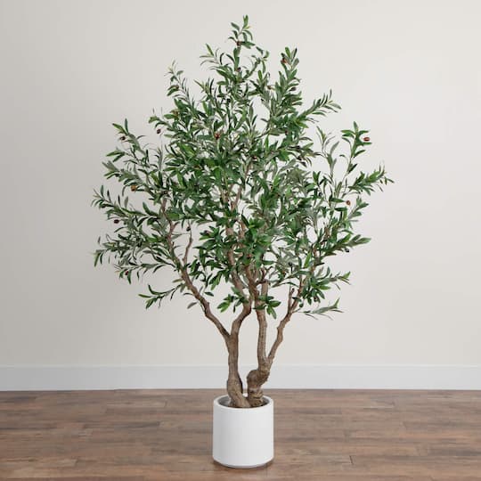 6ft. Artificial Grand Olive Tree in White Decorative Planter